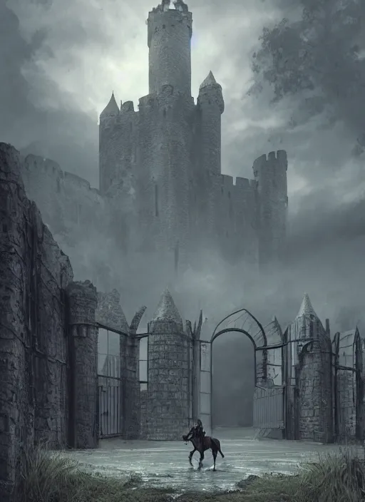 Image similar to knight on his horse standing in front of a huge medieval castle gate, brutalist architecture, dramatic lighting, cinematic, establishing shot, extremly high detail, foto realistic, cinematic lighting, post processed, concept art, artstation, matte painting, style by eddie mendoza, raphael lacoste, alex ross