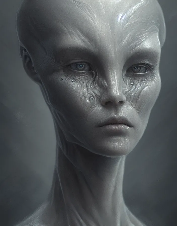 Image similar to Alien grey portrait, atmospheric lighting, painted, intricate, ultra detailed by Leesha Hannigan, Thierry Doizon, Kai Carpenter, well composed, best on artstation, cgsociety, epic, stunning, gorgeous, intricate detail, wow, masterpiece