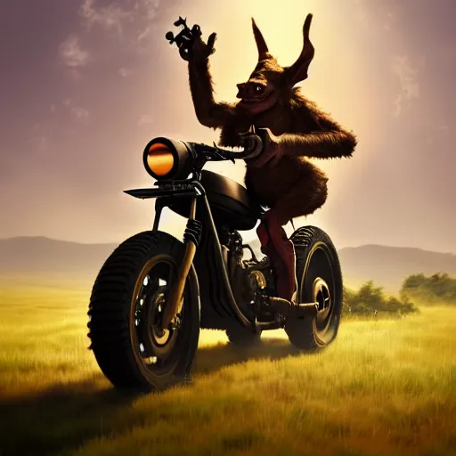 Prompt: a goblin wearing high riding boots riding a steampunk motorcycle on a dirt road in a meadow in mid day, volumetric light, hyperdetailed, artstation, cgsociety, 8k