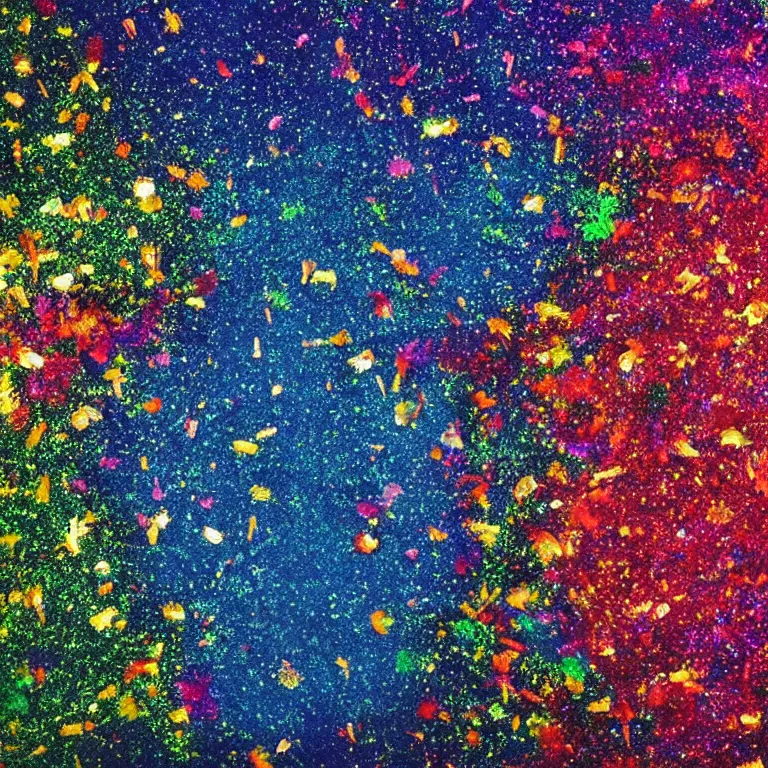 Image similar to huge explosion with mushroom cloud, birds eye view, glitter, paint splatters, fireflies, small group of people get covered in paint and glitter