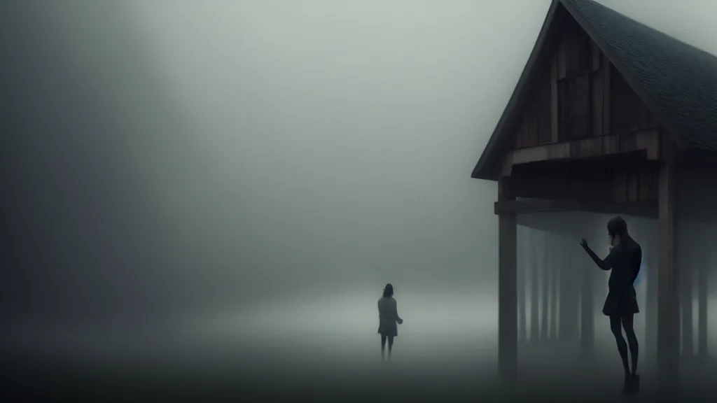 Prompt: portrait of a woman and a man standing on the threshold of a wooden house, fog, volumetric lighting, mystique, atmospheric, sharp focus, ultra detailed, ross tran, thierry doizon, kai carpenter, ignacio fernandez rios, noir art house, 4 k, 3 5 mm