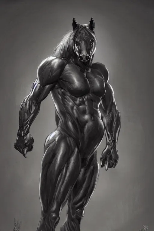 Image similar to an enormously muscular black - coated anthro horse at a research facility wearing skintight body armor, highly detailed, digital painting, artstation, concept art, illustration, art by artgerm, greg rutkowski, wlop