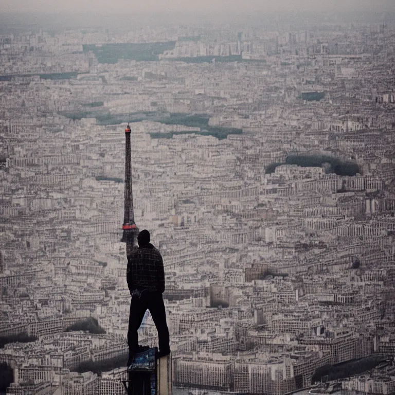 Image similar to photograph of a guy standing on top of the eiffel tower, portra 8 0 0