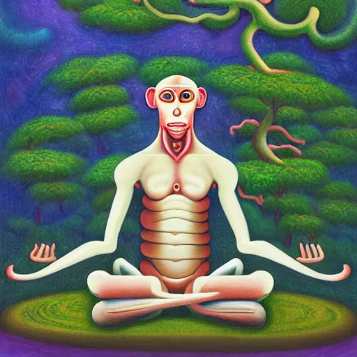 Prompt: an anthromorphic cyborg monkey man meditating in a zen garden, by amanda clark and amanda sage in a psychedelic style, oil on canvas