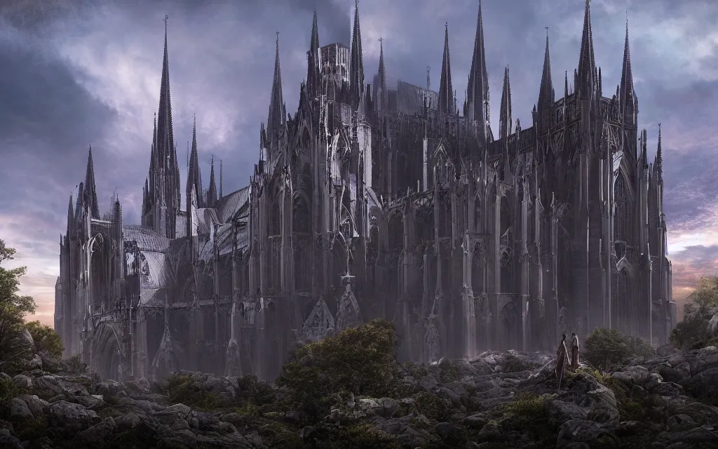 Prompt: the enormous gothic cathedral was built out of the mountainside, 8k resolution matte fantasy painting, cinematic lighting