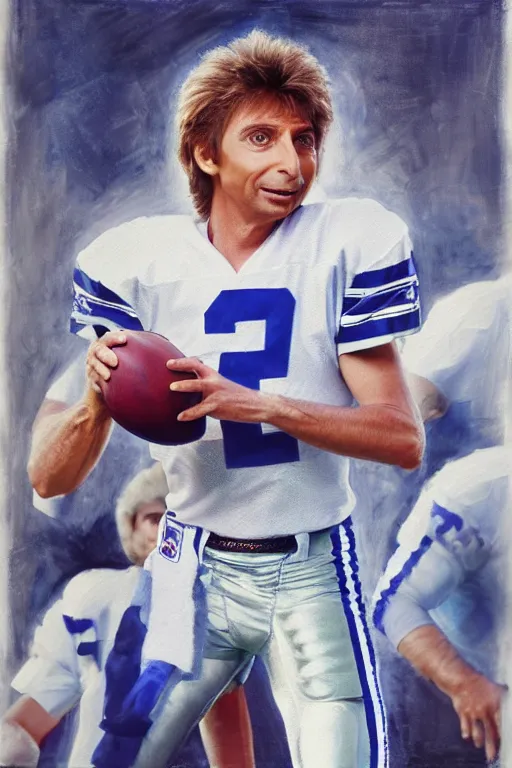 Image similar to Barry Manilow as the Quarterback of the Dallas Cowboys, oil on canvas, intricate, portrait, 8k highly professionally detailed, HDR, CGsociety