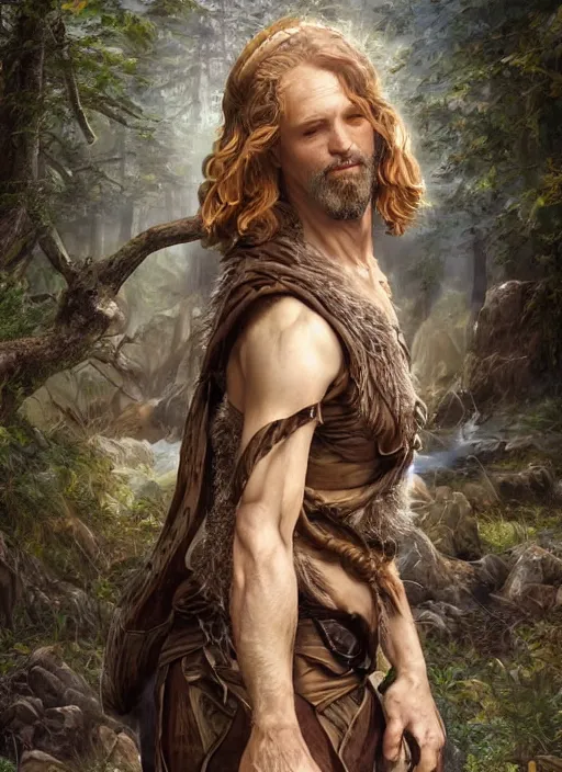 Image similar to a relaxed malehalf elf middle aged druid in a sleeveless west, brown short hair, strong, full body, 8 k, hyperrealistic,, hyperdetailed, fantasy portrait by laura sava