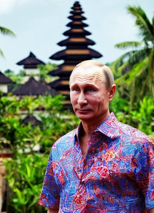 Prompt: vladimir putin wearing batik bali in bali. temple background. front view. instagram holiday photo shoot, perfect faces, corrected faces, 8 5 mm, award winning photography