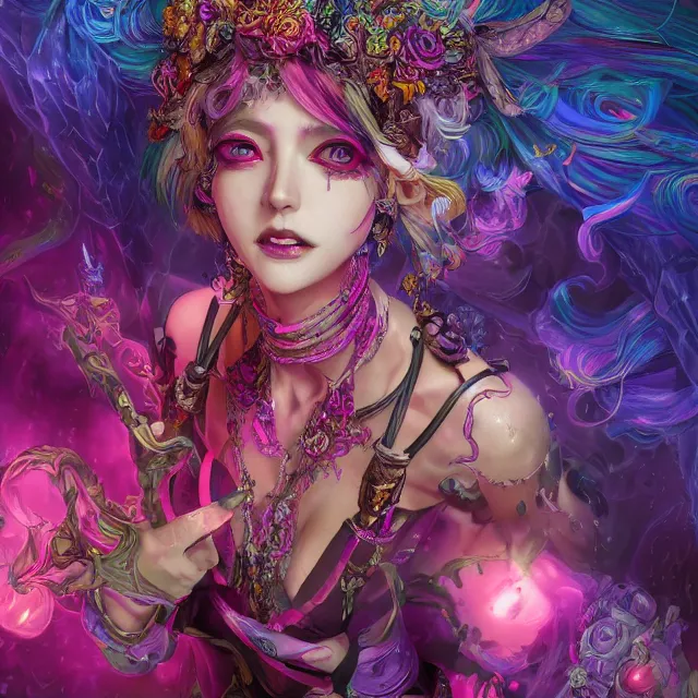 Prompt: the portrait of chaotic evil fallen sensual colorful female necromancer overlord as absurdly beautiful, gorgeous, elegant, young idol, an ultrafine hyperdetailed illustration by kim jung gi, irakli nadar, intricate linework, bright colors, octopath traveler, final fantasy, unreal engine 5 highly rendered, global illumination, radiant light, detailed and intricate environment