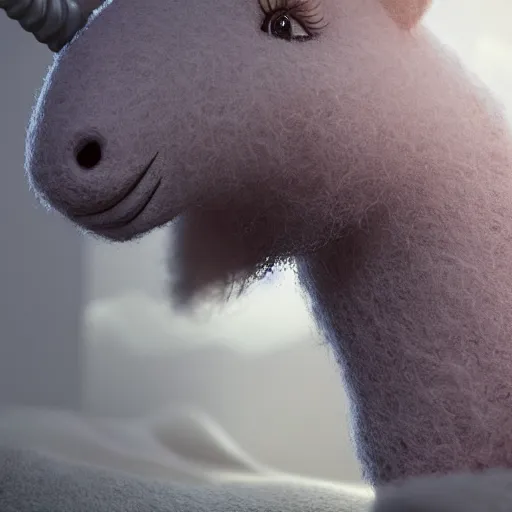 Image similar to full body pose, hyperrealistic photograph of a cute wooly unicorn, dim volumetric lighting, 8 k, octane beautifully detailed render, extremely hyper detailed, intricate, epic composition, cinematic lighting, masterpiece, trending on artstation, very very detailed, stunning, hdr, smooth, sharp focus, high resolution, award, winning photo, dslr, 5 0 mm