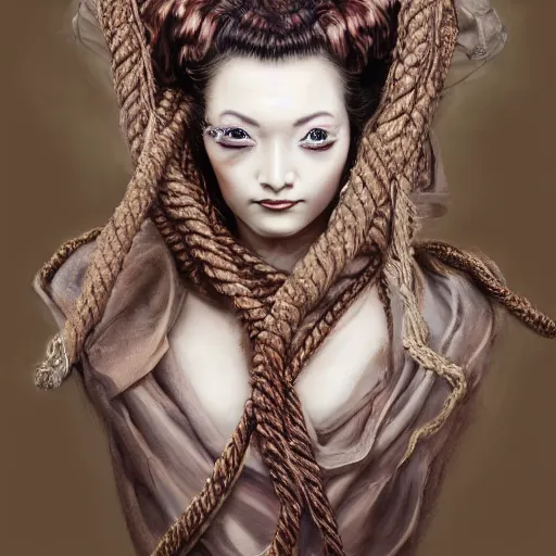 Image similar to portrait of a Shibari rope wrapped face and neck, headshot, insanely nice professional hair style, dramatic hair color, digital painting, of a old 18th century, Royal Emperor, amber jewels, baroque, ornate clothing, scifi, realistic, hyperdetailed, chiaroscuro, concept art, art by Franz Hals and Jon Foster and Ayami Kojima and Amano and Karol Bak,