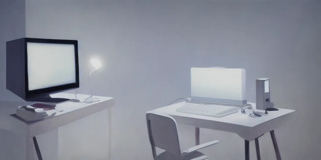 Prompt: a realistic a glowing white retro computer in a white room, high art, oil painting, hd, photo