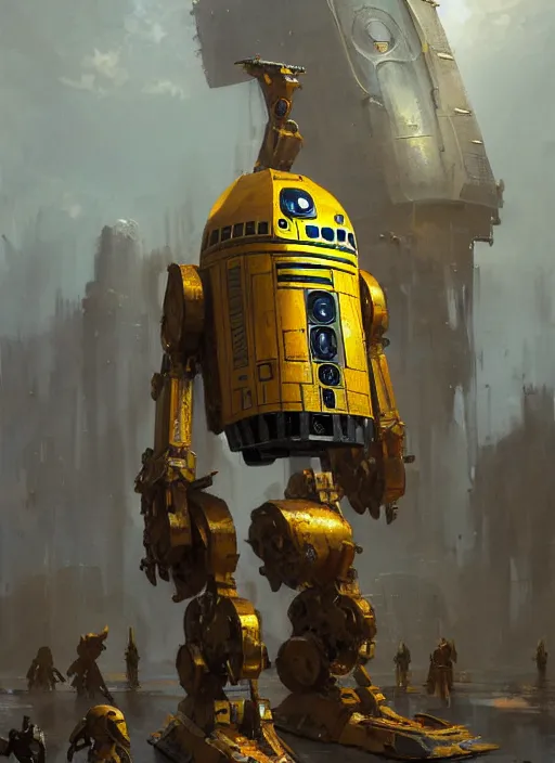 Prompt: human-sized strong intricate yellow pit droid carrying very detailed perfect antique great sword and beautiful large paladin shield, pancake short large head, exposed metal bones, painterly humanoid mecha, slightly far away, by Greg Rutkowski, epic painting