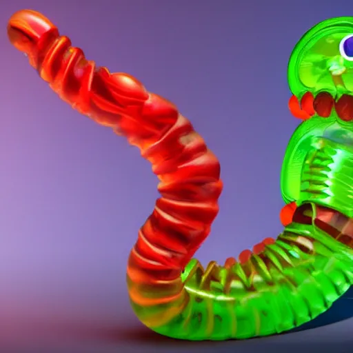 Image similar to a futuristic robotic gummi worm. dramatic product lighting. it's a gummi with extra juiciness. but it's also a worm. ick. in a magical side alley, the worm is on display in a trendy food truck. digital art, sci - fi, fantasy, fairytale, 4 k.