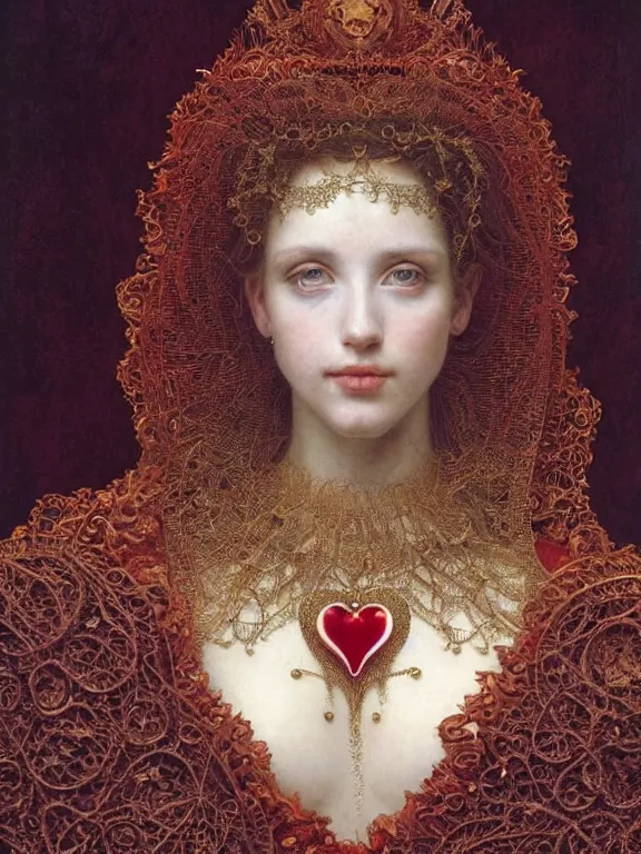 Prompt: a beautiful render of a baroque catholic veiled red queen with symmetry intricate detailed heart sculpture,by Lawrence Alma-Tadema, peter gric,aaron horkey,Billelis,trending on pinterest,hyperreal,jewelry,gold,intricate,maximalist,glittering,golden ratio,cinematic lighting