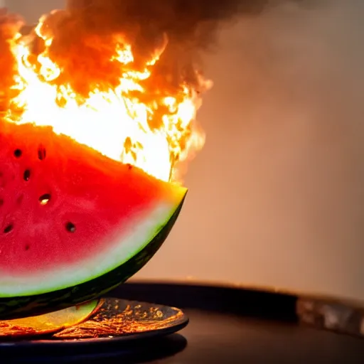 Image similar to photo of a watermelon on fire in a bar