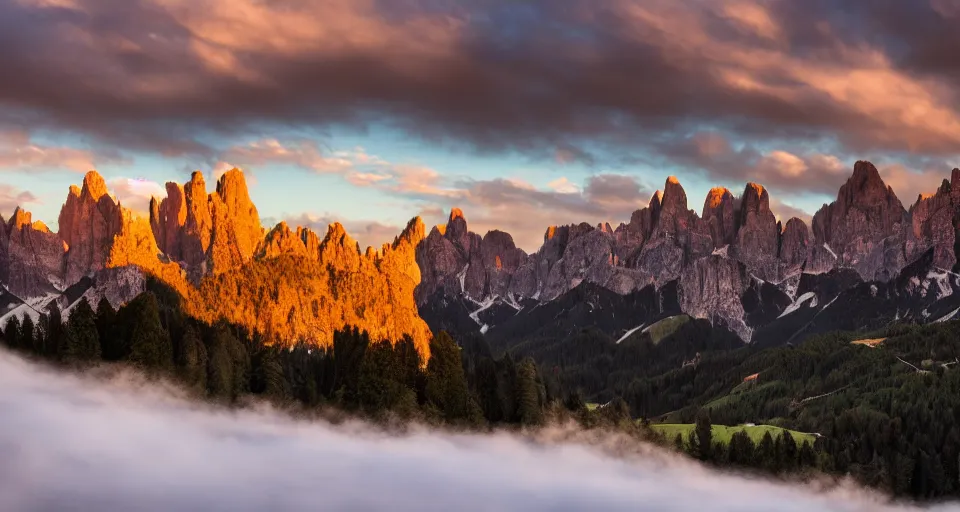 Image similar to landscape photography of Dolomites in the sunset, clouds, dramatic lighting, 500px