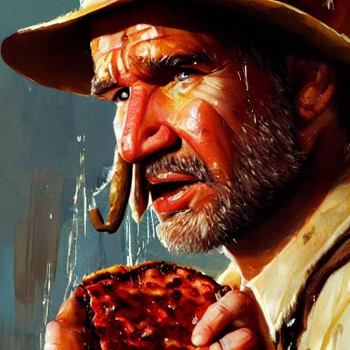 Image similar to close up indiana jones stealing a pepperoni pizza, its sloppy wet and gross, that is on a pedastal painted by greg rutkowski