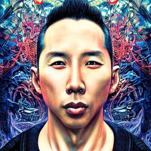 Image similar to portrait of donnie yen, hyper detailed masterpiece, neon floral pattern, jean giraud, digital art painting, darkwave goth aesthetic, psychedelic, artgerm, donato giancola and tom bagshaw