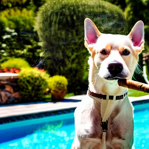 Image similar to a very detailed photo of a dog smoking a cigar outside the mansion by the pool