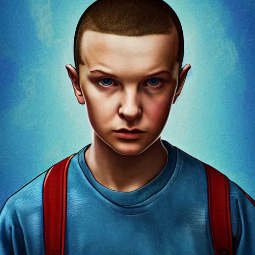 Prompt: beautiful side portait of Eleven from Stranger things by Houston Sharp