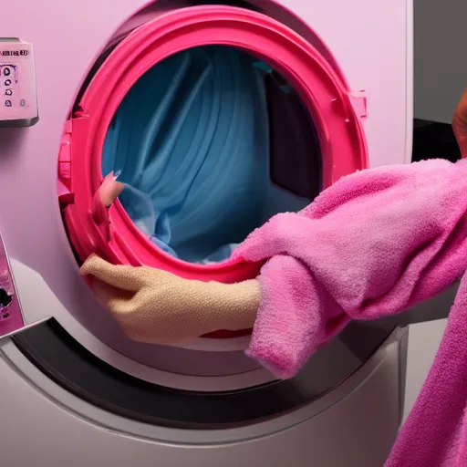 Image similar to photograph of pink clothes being washed in a washing machine. 8k resolution. hyperrealistic.