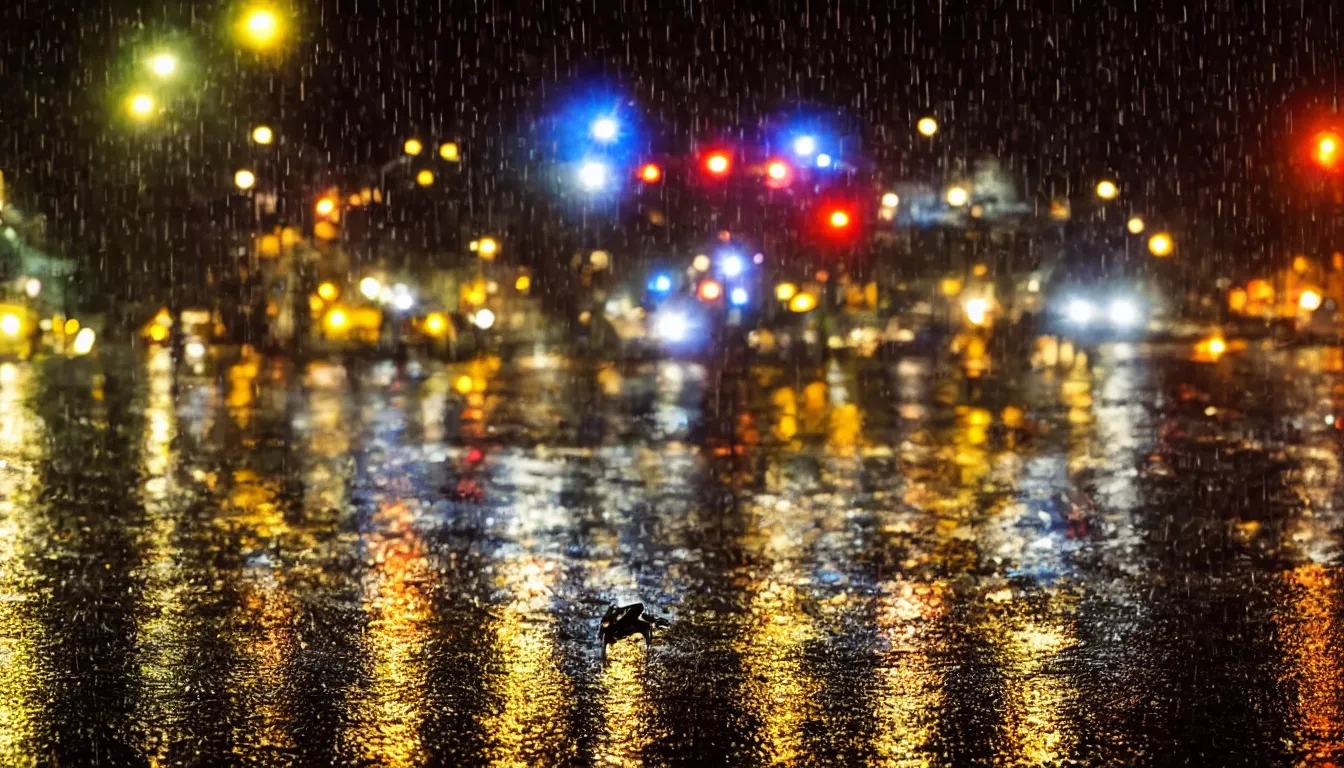 Prompt: photo, night, rain, modern street, lights, close up the fat frog on wet road