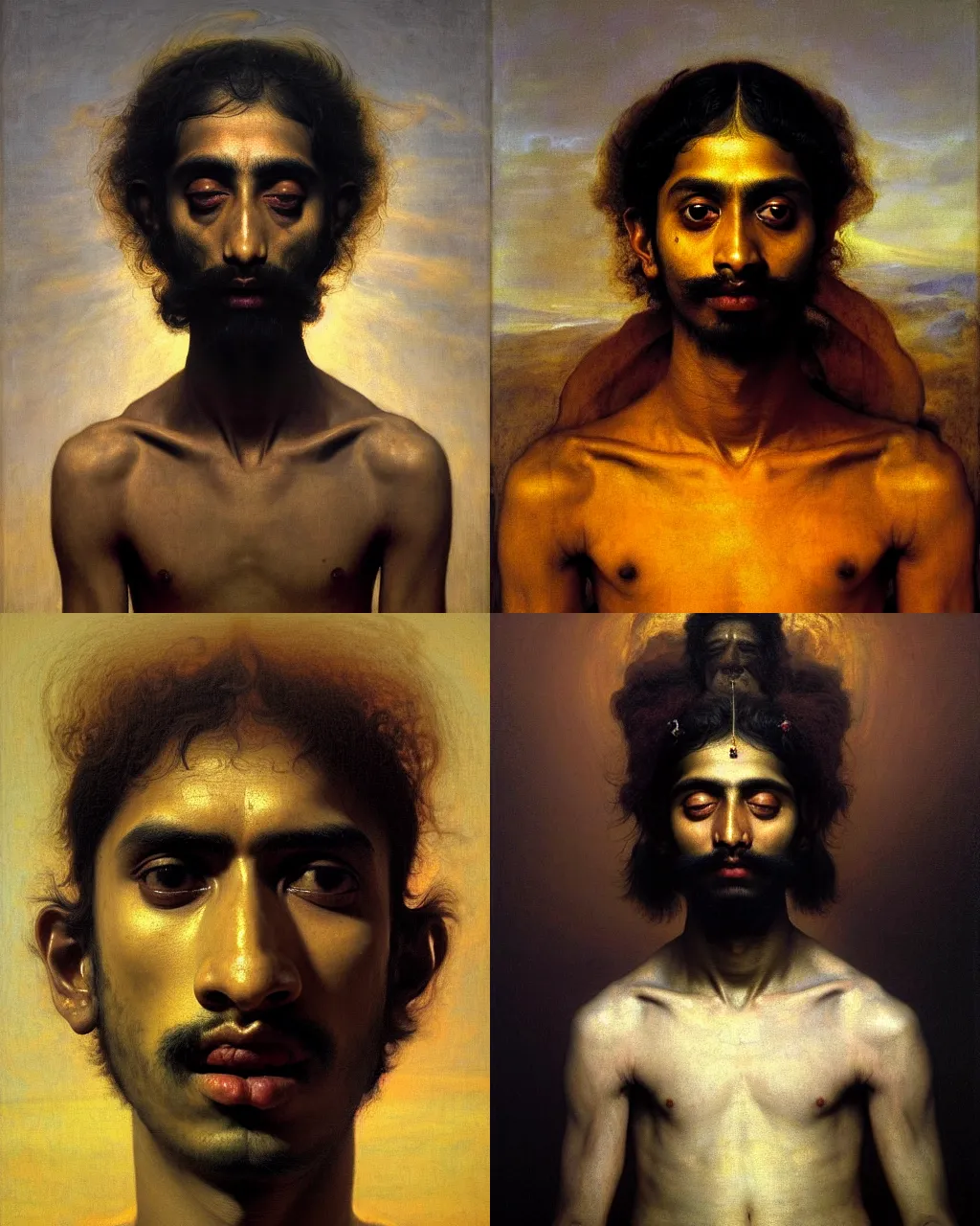 Prompt: a beautiful dramatic classical portrait of a spaced out indian stoner 2 2 years old boy, head only, by zdzisław beksinski, by peter paul rubens, by anthony van dyck, oil on canvas, baroque color palette, trending on artstation, masterpiece, cold lighting, detailed, 8 k