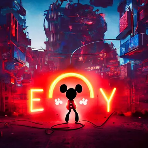 Image similar to a group of people standing around a giant bloody wounded mickey mouse with a netflix neon logo, cyberpunk art by david lachapelle, cgsociety, sots art, dystopian art, reimagined by industrial light and magic, dark concept art