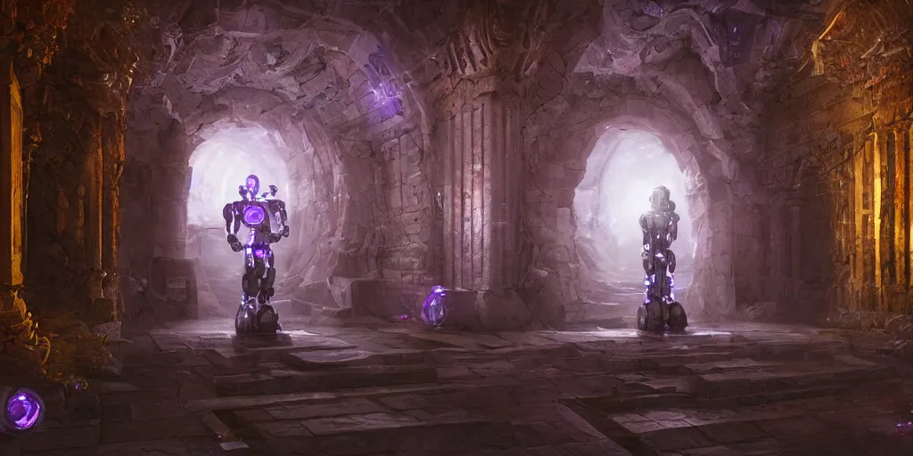 Prompt: a digital painting of a robot made of white stone, purple crystal inlays, by jonas de ro, keeping the entrance of a sanctum, cinematic lights, at dawn, unreal engine, attestation, deviantart