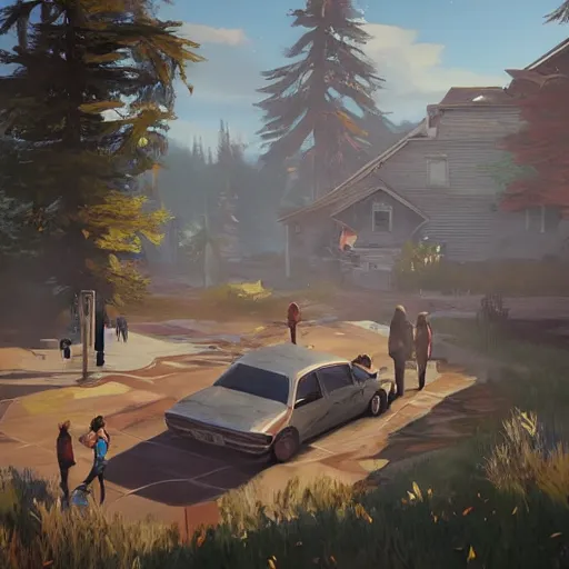 Image similar to 🏘🏞, style game square enix life is strange remake, trending on artstation, painted by greg rutkowski, render with game the last of us parte ii details