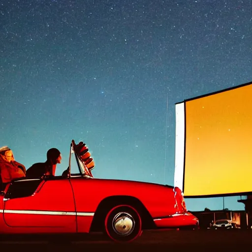 Prompt: a couple sits in a car at a drive - in movie