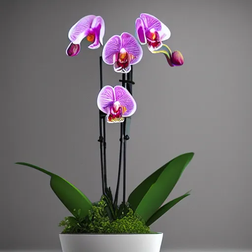 Image similar to orchid, highly detailed, photorealistic, art, octane render, hyper realism, silver