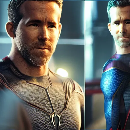 Image similar to ryan reynolds in anano technology spider - man suit, cinematic, volumetric lighting, f 8 aperture, cinematic eastman 5 3 8 4 film, photorealistic