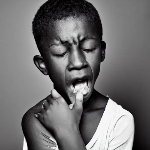 Image similar to photo of a black boy crying, studio portrait