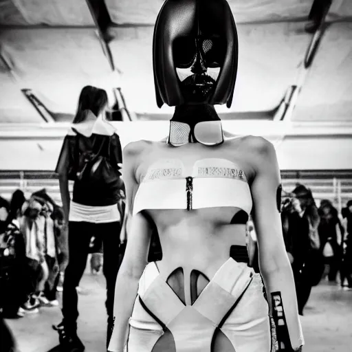 Image similar to fashion photography of an alien model, wearing streetwear fashion, inside berghain, futuristic fashion, photo 3 5 mm leica, hyperdetail, 8 k, very detailed, black and white, aphex twin