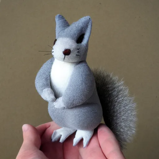 Prompt: super soft plushie of a grey squirrel. in a razor blade box.