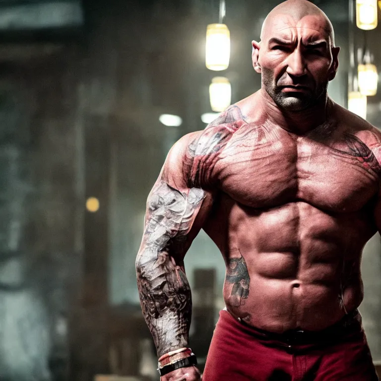 Prompt: dave bautista as calendar man, movie still, 8 k, hdr, atmospheric lighting