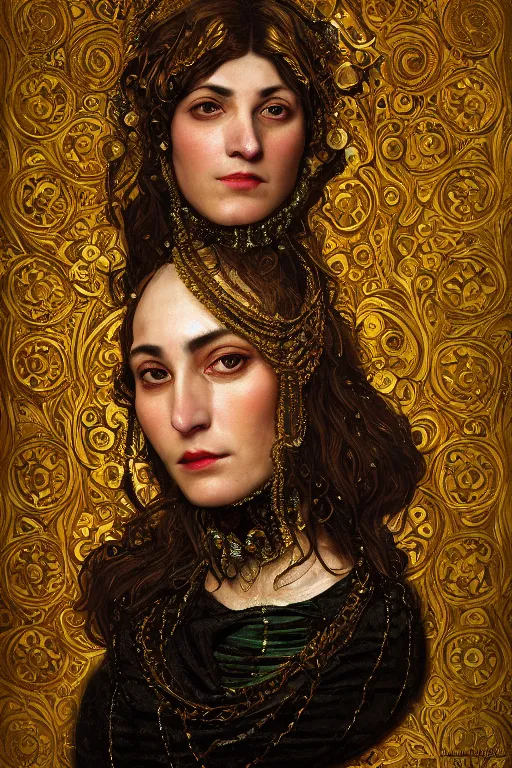 Image similar to portrait, headshot, digital painting, of a 17th century, beautiful, middle aged, middle eastern, wrinkles, decadent, cyborg noble woman, dark hair, amber jewels, baroque, ornate dark green opulent clothing, scifi, futuristic, realistic, hyperdetailed, concept art, chiaroscuro, side lighting, art by gustav klimt