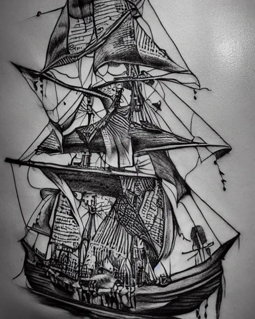 Image similar to A tattoo design on paper of a pirate ship, on paper, black and white, highly detailed tattoo, realistic tattoo, by nik lucas