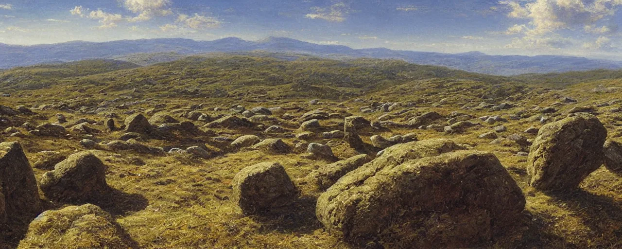 Image similar to a high hill landscape with a circle of four large stones like fingers on the top, by ted nasmith