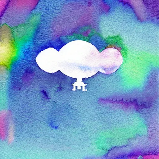 Image similar to low - angel view from 1 0 0 0 meters distance, cute uap interstellar vehicle on top of an ephemeral rainbow in the sky, muted watercolor. minimalist, detailed, heavy under paint, muted colors. ue 5