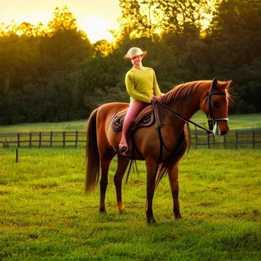 Image similar to a strange being riding a horse, they have green skin and no nose, they're bald, big eyes, very muscular, portrait photography, golden hour,