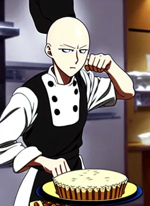 Image similar to chef saitama one punch man, dressed as a pastry chef, focused at making a cake, beautiful anime artwork