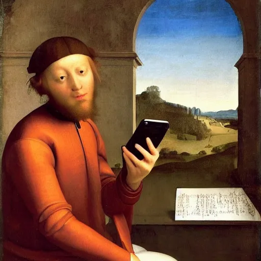 Image similar to a fully dressed thoughtful young man sitting on a prominent white toilet attentively staring at his smartphone, renaissance painting