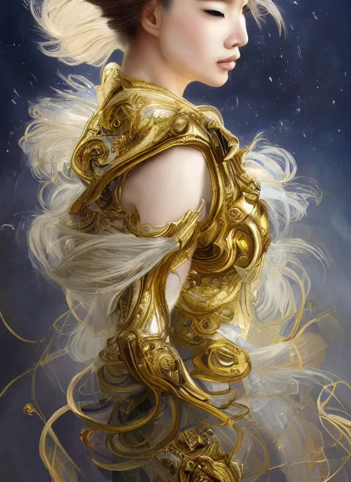 Prompt: side portrait of celestial Rainie Yang Cheng Lin, multiversal hair, gold and royal blue luxurious armour, elegant, chic, high-end, ethereal and dreamy theme, highly detailed, realistic eyes, detailed illustration, chic, smooth, sharp focus, rule of thirds, holy glow, ethereal background, 4k, by Peter Mohrbacher, alphonse Mucha, Aya, Charlie Bowater, Loish, Kentaro Miura, Karol Bak, Greg Hildebrandt,