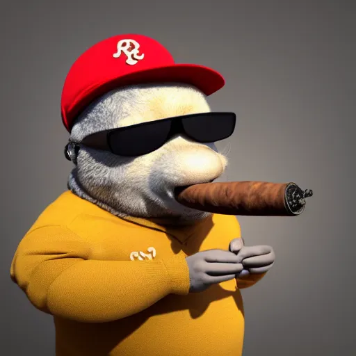 Prompt: chubby anthropomorphic rat smoking an enormous cigar, wearing sunglasses, long fur, baseball cap, anthropomorphic, blender, 3d render, 4k