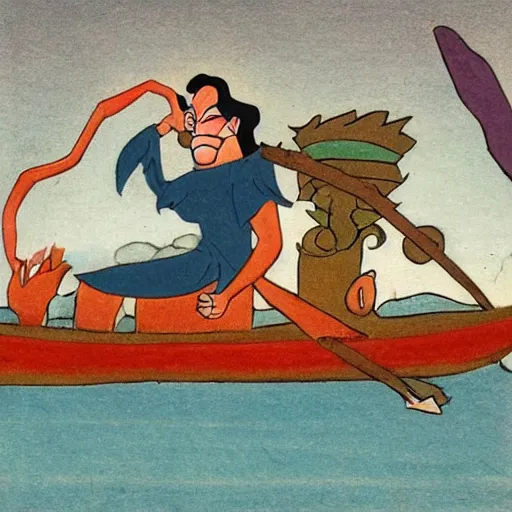 Image similar to hades from the cartoon Hercules on a boat on the River Styx, minimal, Spanish folk art