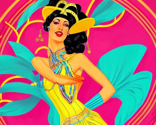 Image similar to young cher as a cancan dancer in art deco style, hyper realistic, artstation, illustration, bright, cheerful, detailed and intricate environment