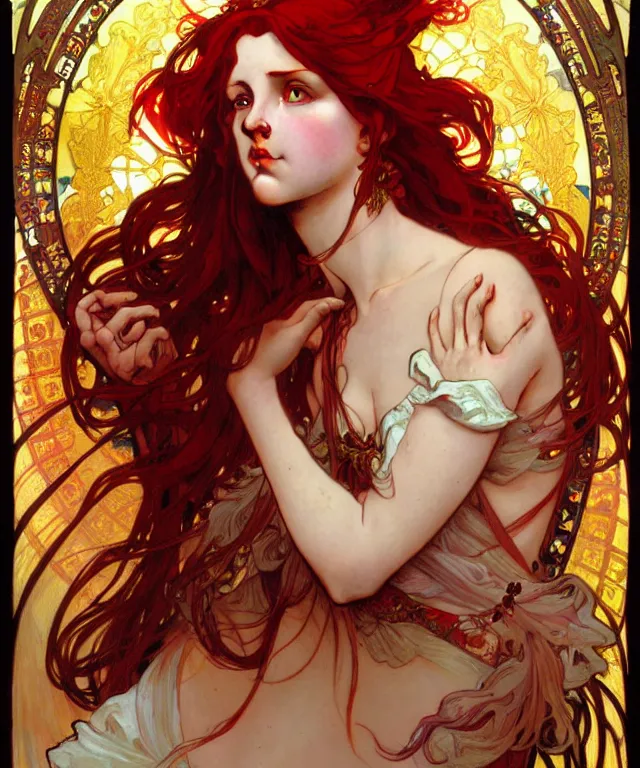 Prompt: a demonic princess with flowing red hair painting by alphonse mucha, greg ruthowski, detailed, henry ascensio, craig mullins, intricate and detailed